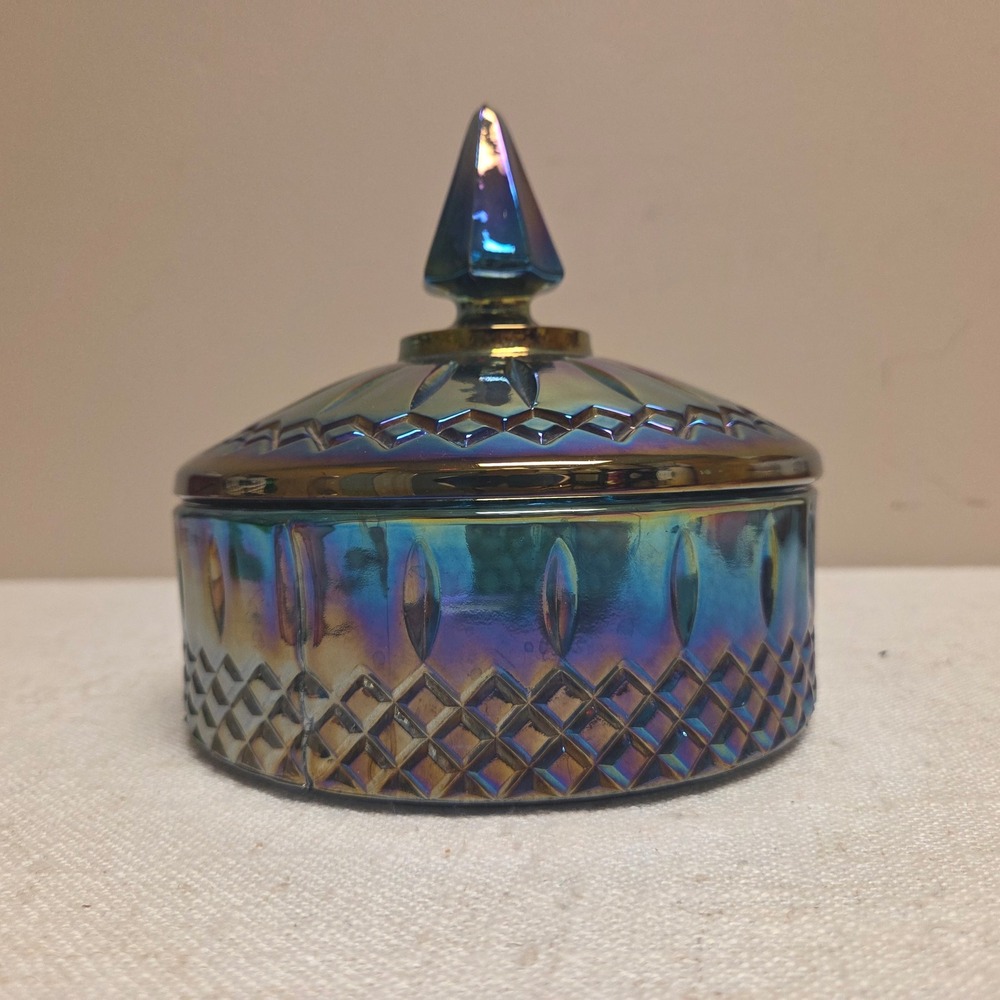 Vintage Blue Carnival Glass Trinket Dish with Lid Iridescent Oil Slick Jar - Picture 4 of 9